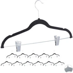Relaxdays Grucce In Velluto Con Pinze In Set Da 12, Gancio Girevole A 360°, Pantaloni E Camicie Antiscivolo, 43 Cm, Nere