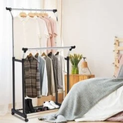 COSTWAY Stand Appendiabiti Doppio, Porta Abiti Con Ruote Universali, Appendiabiti Multiuso Con Altezza Regolabile, In Acciaio Inox -LettoMania Italia 14189722 5