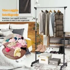 COSTWAY Appendiabiti Da Terra Multiuso, Attaccapanni Estensibile, Porta Abiti Con Ruote, In Acciaio,168 X 42 X 84cm, Nero -LettoMania Italia 15820054 3