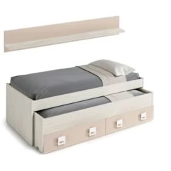 Dmora Letto Singolo Fairfield, Struttura Letto Per Cameretta, Letto Singolo Con Lettino Estraibile E 2 Cassetti E Mensola, Cm 199x96h65, Bianco E Rosa, Con Imballo Rinforzato