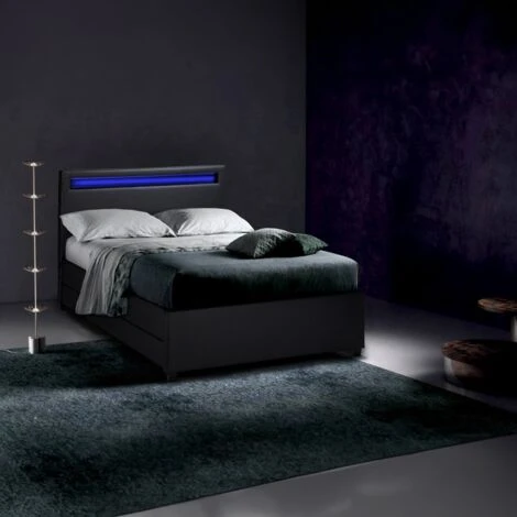 Letto Francese 1 Piazza E Mezza Con Rete Testiera Moderno Led Cassetti 120x190 Geneva Colore: Nero 3 Letto Francese 1 Piazza E Mezza Con Rete Testiera Moderno Led Cassetti 120x190 Geneva Colore: Nero