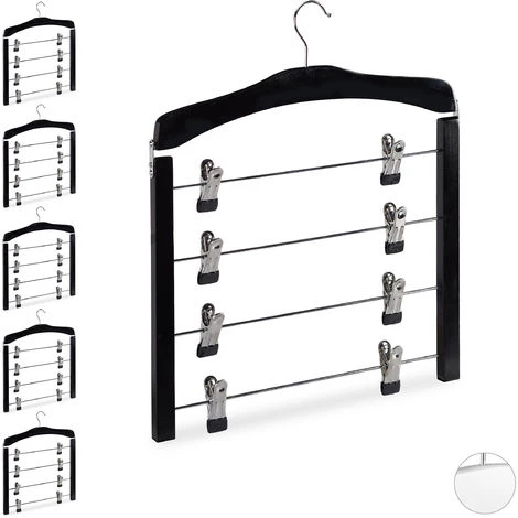 Set Da 6 Grucce Multiple Salvaspazio, Gancio Girevole A 360°, Con Pinze, Gonne E Pantaloni, Legno, Nere 3 Set Da 6 Grucce Multiple Salvaspazio, Gancio Girevole A 360°, Con Pinze, Gonne E Pantaloni, Legno, Nere