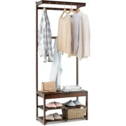 COSTWAY Stand Appendiabiti Multiuso Portabiti Con Scarpiera E Ripiani, Con Panca 10 Ganci, Spazio Di Archiviazione Con Coperchio, Per Ingresso Corridoio, 175x70,5x33cm