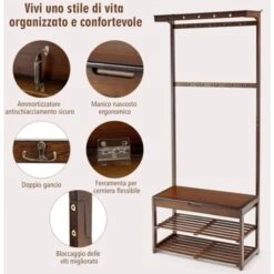 COSTWAY Stand Appendiabiti Multiuso Portabiti Con Scarpiera E Ripiani, Con Panca 10 Ganci, Spazio Di Archiviazione Con Coperchio, Per Ingresso Corridoio, 175x70,5x33cm -LettoMania Italia 27940853 4