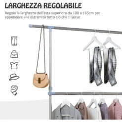 HOMCOM Stender Appendiabiti Con Altezza Ed Estensione Regolabili, 4 Ruote Girevoli, Acciaio Inox E ABS, 165x48x180cm -LettoMania Italia 34132888 4
