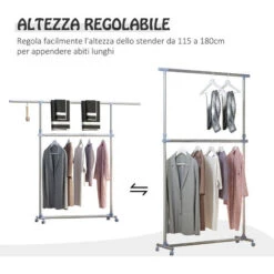 HOMCOM Stender Appendiabiti Con Altezza Ed Estensione Regolabili, 4 Ruote Girevoli, Acciaio Inox E ABS, 165x48x180cm -LettoMania Italia 34132888 5