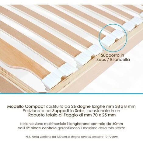Qualydorm Rete Letto In Legno 90x200 H 52 Cm Singola 26 Doghe Basculanti In Faggio 100% 4 Qualydorm Rete Letto In Legno 90x200 H 52 Cm Singola 26 Doghe Basculanti In Faggio 100% - immagine 2
