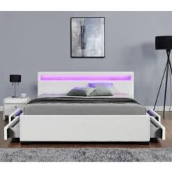 Struttura Letto In Similpelle Bianca Con Contenitore E LED 140x190 Cm ENFIELD -LettoMania Italia 39630473 3