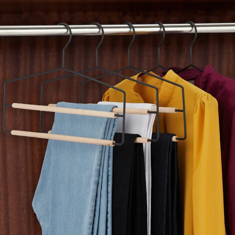 Relaxdays Set Da 3 Grucce Per Pantaloni, Salvaspazio E Multiple, Per Gonne, Antiscivolo, Legno E Metallo, Nero/Naturale 4 Relaxdays Set Da 3 Grucce Per Pantaloni, Salvaspazio E Multiple, Per Gonne, Antiscivolo, Legno E Metallo, Nero/Naturale - immagine 2