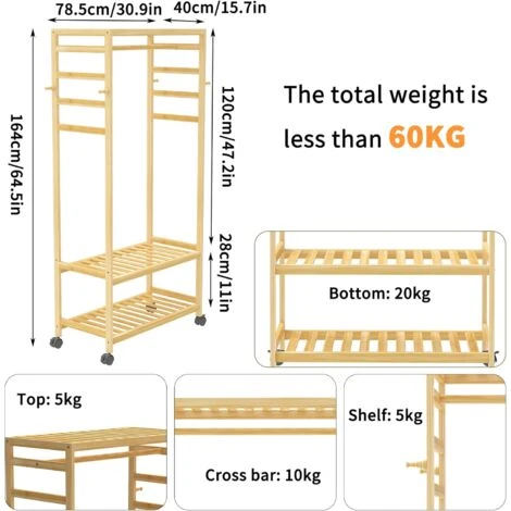 Appendiabiti Armadio Aperto Con Ruote In Bambù Portabiti Da Terra Per Camera 78x41x169cm 7 Appendiabiti Armadio Aperto Con Ruote In Bambù Portabiti Da Terra Per Camera 78x41x169cm - immagine 5