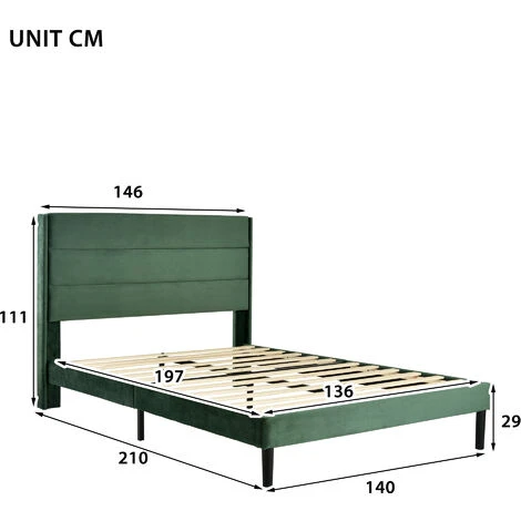 Letto Matrimoniale Con Testiera E Rete A Molle Dal Design Moderno 140x200cm Tessuto Velluto, Verde Scuro 4 Letto Matrimoniale Con Testiera E Rete A Molle Dal Design Moderno 140x200cm Tessuto Velluto, Verde Scuro - immagine 2