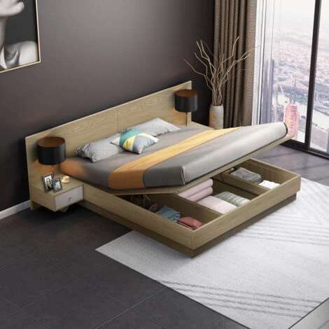 Letto Matrimoniale 160x190 Cm Sollevabile 2 Comodini Design Moderno Schwaz Colore: Legno Naturale 5 Letto Matrimoniale 160x190 Cm Sollevabile 2 Comodini Design Moderno Schwaz Colore: Legno Naturale - immagine 3