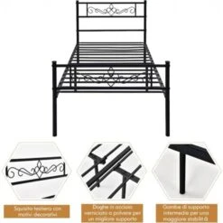 COSTWAY Struttura Di Metallo Per Letti, Piattaforma Letto Con Testiera E Pediera, Telaio Da Letto Con Doghe In Acciaio Resistente, Facile Da Montare, Nero (197 X 92 X 88,5 Cm) 9 COSTWAY Struttura Di Metallo Per Letti, Piattaforma Letto Con Testiera E Pediera, Telaio Da Letto Con Doghe In Acciaio Resistente, Facile Da Montare, Nero (197 X 92 X 88,5 Cm) -LettoMania Italia 56688013 3