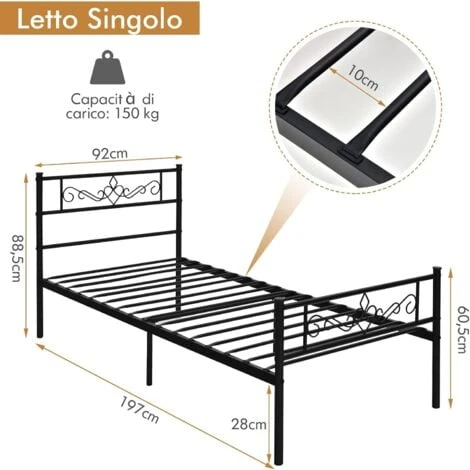 COSTWAY Struttura Di Metallo Per Letti, Piattaforma Letto Con Testiera E Pediera, Telaio Da Letto Con Doghe In Acciaio Resistente, Facile Da Montare, Nero (197 X 92 X 88,5 Cm) 7 COSTWAY Struttura Di Metallo Per Letti, Piattaforma Letto Con Testiera E Pediera, Telaio Da Letto Con Doghe In Acciaio Resistente, Facile Da Montare, Nero (197 X 92 X 88,5 Cm) - immagine 5
