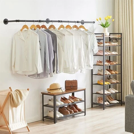 Barra Appendiabiti Da Parete Industriale Tubo Vintage Attaccapanni Da Muro Lunghezza Regolabile 90-180cm Per Appendere Vestiti, Nero 4 Barra Appendiabiti Da Parete Industriale Tubo Vintage Attaccapanni Da Muro Lunghezza Regolabile 90-180cm Per Appendere Vestiti, Nero - immagine 2