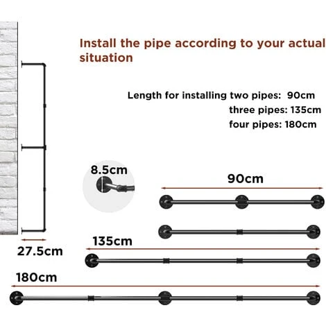 Barra Appendiabiti Da Parete Industriale Tubo Vintage Attaccapanni Da Muro Lunghezza Regolabile 90-180cm Per Appendere Vestiti, Nero 6 Barra Appendiabiti Da Parete Industriale Tubo Vintage Attaccapanni Da Muro Lunghezza Regolabile 90-180cm Per Appendere Vestiti, Nero - immagine 4