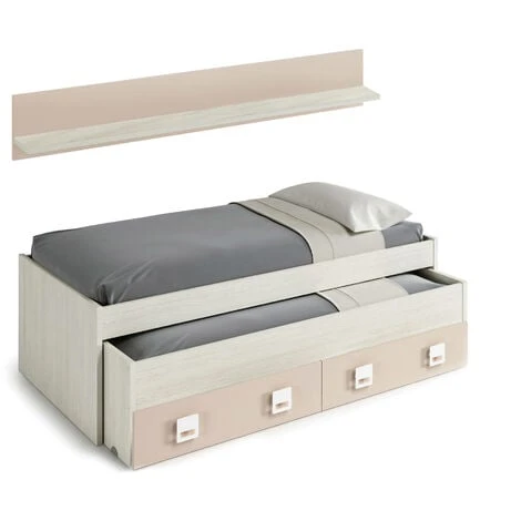 Letto Singolo, Struttura Letto Per Cameretta, Letto Singolo Con Lettino Estraibile E 2 Cassetti E Mensola, Cm 199x96h65, Bianco E Rosa 3 Letto Singolo, Struttura Letto Per Cameretta, Letto Singolo Con Lettino Estraibile E 2 Cassetti E Mensola, Cm 199x96h65, Bianco E Rosa