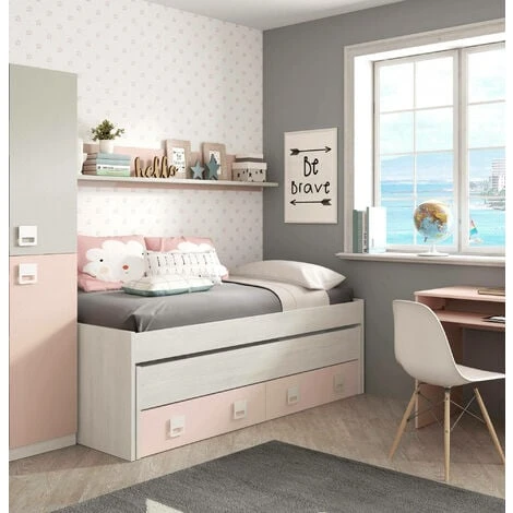 Letto Singolo, Struttura Letto Per Cameretta, Letto Singolo Con Lettino Estraibile E 2 Cassetti E Mensola, Cm 199x96h65, Bianco E Rosa 4 Letto Singolo, Struttura Letto Per Cameretta, Letto Singolo Con Lettino Estraibile E 2 Cassetti E Mensola, Cm 199x96h65, Bianco E Rosa - immagine 2