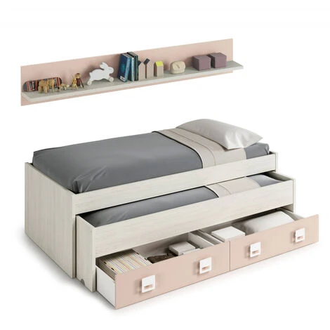 Letto Singolo, Struttura Letto Per Cameretta, Letto Singolo Con Lettino Estraibile E 2 Cassetti E Mensola, Cm 199x96h65, Bianco E Rosa 6 Letto Singolo, Struttura Letto Per Cameretta, Letto Singolo Con Lettino Estraibile E 2 Cassetti E Mensola, Cm 199x96h65, Bianco E Rosa - immagine 4