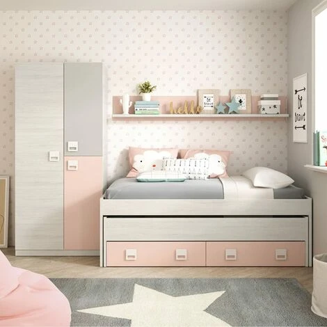 Letto Singolo, Struttura Letto Per Cameretta, Letto Singolo Con Lettino Estraibile E 2 Cassetti E Mensola, Cm 199x96h65, Bianco E Rosa 7 Letto Singolo, Struttura Letto Per Cameretta, Letto Singolo Con Lettino Estraibile E 2 Cassetti E Mensola, Cm 199x96h65, Bianco E Rosa - immagine 5