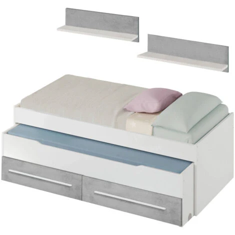 Letto Singolo, Struttura Letto Per Cameretta, Letto Singolo Con Lettino Estraibile E 2 Cassetti E Mensola, Cm 199x96h65, Bianco E Cemento 4 Letto Singolo, Struttura Letto Per Cameretta, Letto Singolo Con Lettino Estraibile E 2 Cassetti E Mensola, Cm 199x96h65, Bianco E Cemento - immagine 2