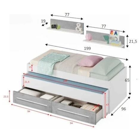 Letto Singolo, Struttura Letto Per Cameretta, Letto Singolo Con Lettino Estraibile E 2 Cassetti E Mensola, Cm 199x96h65, Bianco E Cemento 5 Letto Singolo, Struttura Letto Per Cameretta, Letto Singolo Con Lettino Estraibile E 2 Cassetti E Mensola, Cm 199x96h65, Bianco E Cemento - immagine 3