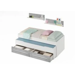 Letto Singolo, Struttura Letto Per Cameretta, Letto Singolo Con Lettino Estraibile E 2 Cassetti E Mensola, Cm 199x96h65, Bianco E Cemento 10 Letto Singolo, Struttura Letto Per Cameretta, Letto Singolo Con Lettino Estraibile E 2 Cassetti E Mensola, Cm 199x96h65, Bianco E Cemento -LettoMania Italia 58337683 4