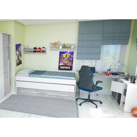 Letto Singolo, Struttura Letto Per Cameretta, Letto Singolo Con Lettino Estraibile E 2 Cassetti E Mensola, Cm 199x96h65, Bianco E Cemento 7 Letto Singolo, Struttura Letto Per Cameretta, Letto Singolo Con Lettino Estraibile E 2 Cassetti E Mensola, Cm 199x96h65, Bianco E Cemento - immagine 5