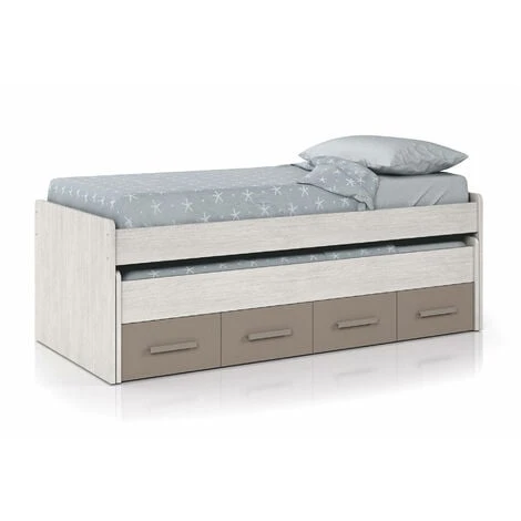 Letto Singolo, Struttura Letto Per Cameretta, Letto Singolo Con Lettino Estraibile E 4 Cassettoni, Cm 198x96h69, Bianco E Marrone 3 Letto Singolo, Struttura Letto Per Cameretta, Letto Singolo Con Lettino Estraibile E 4 Cassettoni, Cm 198x96h69, Bianco E Marrone