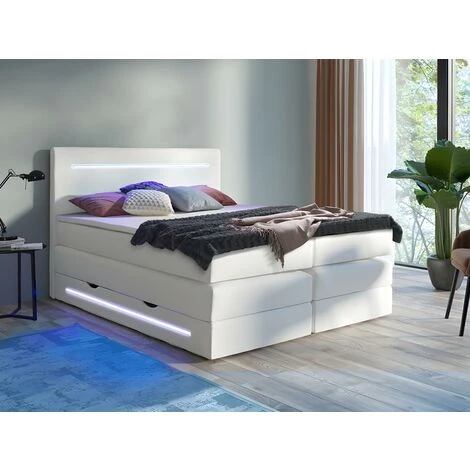 Set Boxspring Testata LED+Base Contenitore+Materasso+Topper 160x200cm Similpelle Bianco - KEROS Di DREAMEA 3 Set Boxspring Testata LED+Base Contenitore+Materasso+Topper 160x200cm Similpelle Bianco - KEROS Di DREAMEA