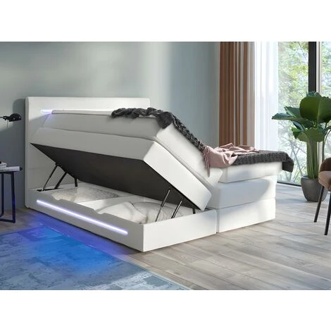 Set Boxspring Testata LED+Base Contenitore+Materasso+Topper 160x200cm Similpelle Bianco - KEROS Di DREAMEA 4 Set Boxspring Testata LED+Base Contenitore+Materasso+Topper 160x200cm Similpelle Bianco - KEROS Di DREAMEA - immagine 2