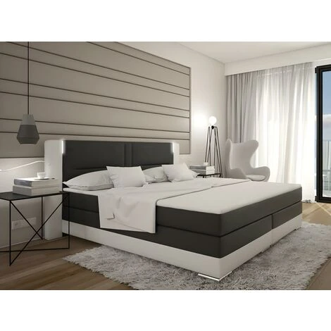 Set Boxspring Completo Testata Con LED + Reti + Materasso + Topper ASTI - 160 X 200 Cm - Similpelle - Bianco E Grigio 4 Set Boxspring Completo Testata Con LED + Reti + Materasso + Topper ASTI - 160 X 200 Cm - Similpelle - Bianco E Grigio - immagine 2