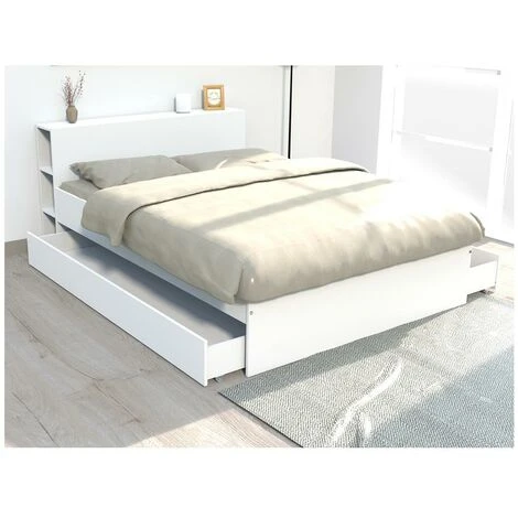 Letto Con Testata Vani Portaoggetti E Cassetti 140 X 190 Cm Bianco - EUGENE 4 Letto Con Testata Vani Portaoggetti E Cassetti 140 X 190 Cm Bianco - EUGENE - immagine 2