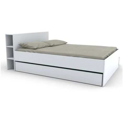 Letto Con Testata Vani Portaoggetti E Cassetti 140 X 190 Cm Bianco - EUGENE 5 Letto Con Testata Vani Portaoggetti E Cassetti 140 X 190 Cm Bianco - EUGENE - immagine 3