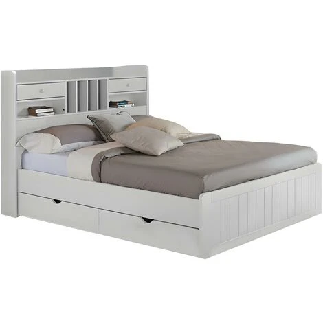 Letto Con Vani Portaoggetti 140 X 190 Cm Bianco - MEDERICK 3 Letto Con Vani Portaoggetti 140 X 190 Cm Bianco - MEDERICK