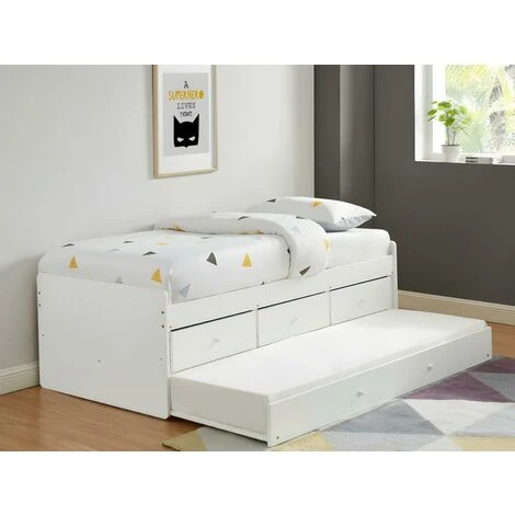 Letto Singolo Con Letto Estraibile E 3 Cassetti 90 X 190 Cm In MDF E Abete Bianco - TITOUAN 5 Letto Singolo Con Letto Estraibile E 3 Cassetti 90 X 190 Cm In MDF E Abete Bianco - TITOUAN - immagine 3