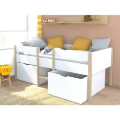 Letto Mezza Altezza 2 Cassetti 90 X 190 Cm Bianco E Rovere - SISSY -LettoMania Italia 59290071 3