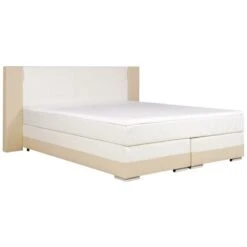 Set Boxspring Completo Testata Con LED + Reti + Materasso + Topper ASTI - 160 X 200 Cm - Similpelle - Crema E Bianco