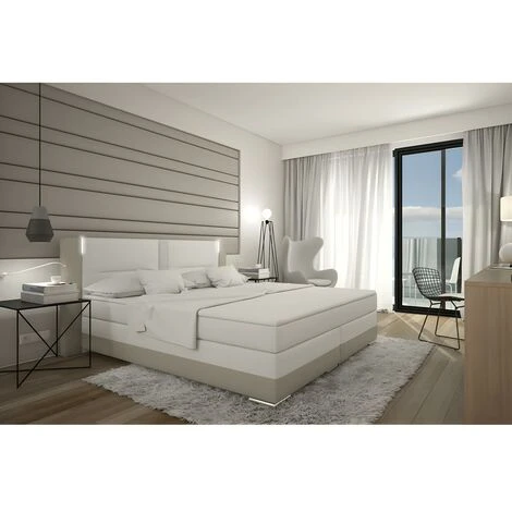 Set Boxspring Completo Testata Con LED + Reti + Materasso + Topper ASTI - 160 X 200 Cm - Similpelle - Crema E Bianco 4 Set Boxspring Completo Testata Con LED + Reti + Materasso + Topper ASTI - 160 X 200 Cm - Similpelle - Crema E Bianco - immagine 2