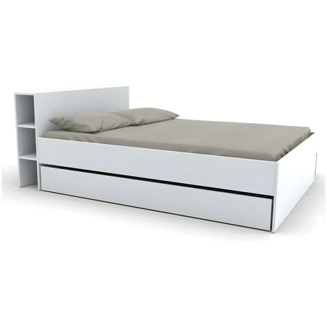 Letto Con Testata Vani Portaoggetti E Cassetti 160 X 200 Cm Bianco - EUGENE 3 Letto Con Testata Vani Portaoggetti E Cassetti 160 X 200 Cm Bianco - EUGENE