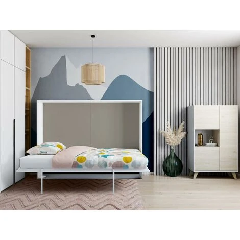 Letto A Scomparsa MALINA Con Apertura Orizzontale Manuale - 140x200cm - Bianco/grigio 4 Letto A Scomparsa MALINA Con Apertura Orizzontale Manuale - 140x200cm - Bianco/grigio - immagine 2