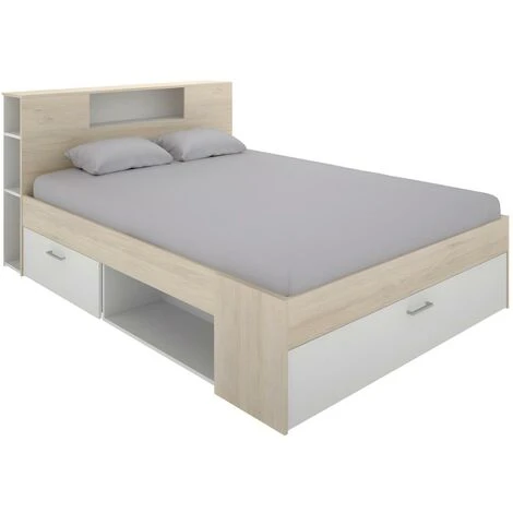 Letto Con Testata, Vani Portaoggetti E Cassetti 140 X 190 Cm Bianco E Naturale - LEANDRE 3 Letto Con Testata, Vani Portaoggetti E Cassetti 140 X 190 Cm Bianco E Naturale - LEANDRE