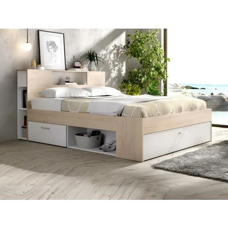Letto Con Testata, Vani Portaoggetti E Cassetti 140 X 190 Cm Bianco E Naturale - LEANDRE 4 Letto Con Testata, Vani Portaoggetti E Cassetti 140 X 190 Cm Bianco E Naturale - LEANDRE - immagine 2
