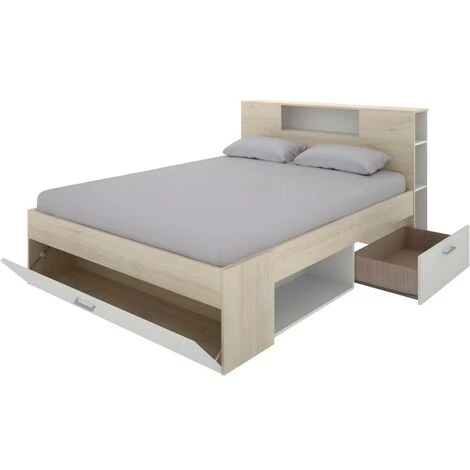 Letto Con Testata, Vani Portaoggetti E Cassetti 140 X 190 Cm Bianco E Naturale - LEANDRE 6 Letto Con Testata, Vani Portaoggetti E Cassetti 140 X 190 Cm Bianco E Naturale - LEANDRE - immagine 4