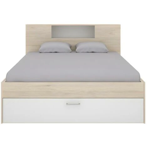 Letto Con Testata, Vani Portaoggetti E Cassetti 140 X 190 Cm Bianco E Naturale - LEANDRE 7 Letto Con Testata, Vani Portaoggetti E Cassetti 140 X 190 Cm Bianco E Naturale - LEANDRE - immagine 5