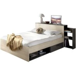 Letto Con Testata Vani Portaoggetti E Cassetti 140 X 190 Cm Naturale E Antracite - FLORIAN -LettoMania Italia 59970161 3