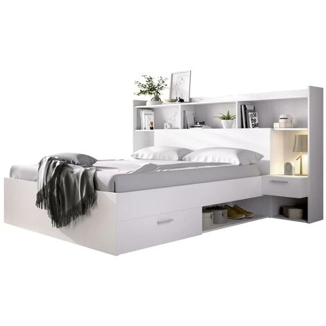 Letto Con Scomparti Portaoggetti E Comodini Integrati 140 X 190 Cm Bianco - KEVIN 3 Letto Con Scomparti Portaoggetti E Comodini Integrati 140 X 190 Cm Bianco - KEVIN