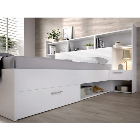 Letto Con Scomparti Portaoggetti E Comodini Integrati 140 X 190 Cm Bianco - KEVIN 6 Letto Con Scomparti Portaoggetti E Comodini Integrati 140 X 190 Cm Bianco - KEVIN - immagine 4