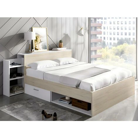Letto Con Testata Vani Portaoggetti E Cassetti 140 X 190 Cm Naturale E Bianco - FLORIAN 4 Letto Con Testata Vani Portaoggetti E Cassetti 140 X 190 Cm Naturale E Bianco - FLORIAN - immagine 2