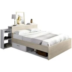 Letto Con Testata Vani Portaoggetti E Cassetti 140 X 190 Cm Naturale E Bianco - FLORIAN 9 Letto Con Testata Vani Portaoggetti E Cassetti 140 X 190 Cm Naturale E Bianco - FLORIAN -LettoMania Italia 59970237 4